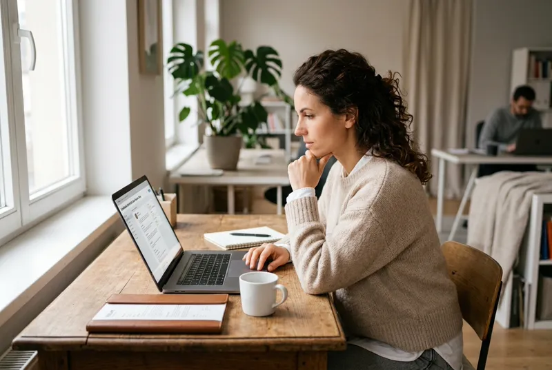 Profissional avaliando propostas de candidatos em um laptop